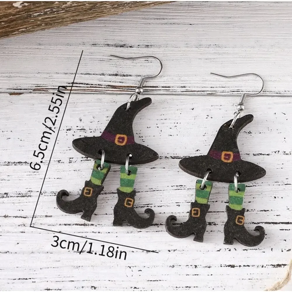 Witch Hat‎ Green Stockings Dangle 2D Earrings, Green Black Halloween NEW
